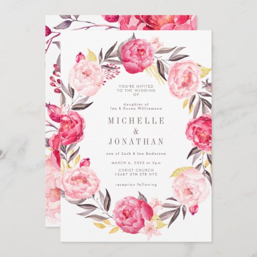 Faire-part de mariage à fleurs rose Aquarelle (Devant / Derrière)