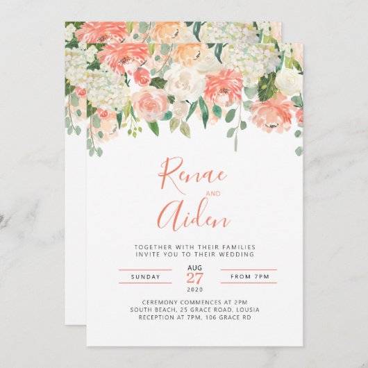 Faire-part de mariage à fleurs rose et blanc (Devant / Derrière)