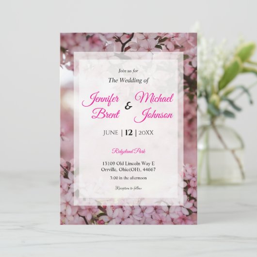 Faire-part de mariage à fleurs roses (Debout devant)