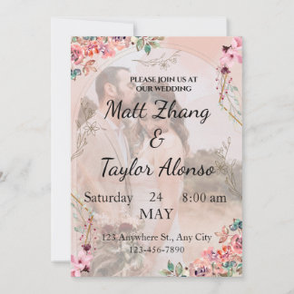 Faire-part de mariage à fleurs roses, personnalisé