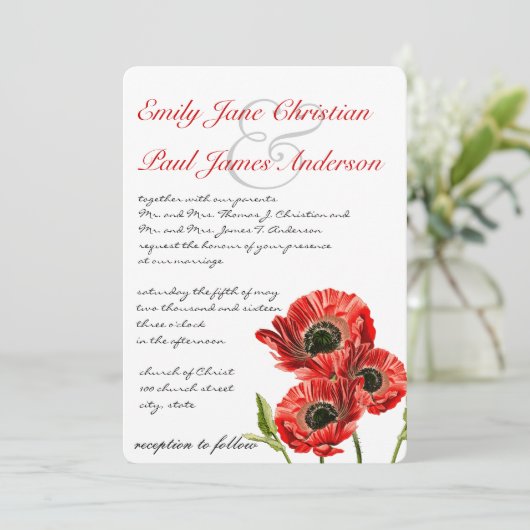 Faire-part de mariage à fleurs rouge (Debout devant)