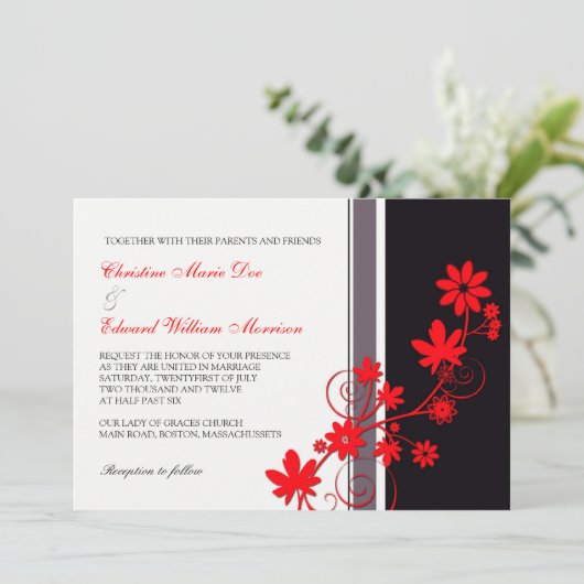 Faire-part de mariage à fleurs rouges (Debout devant)