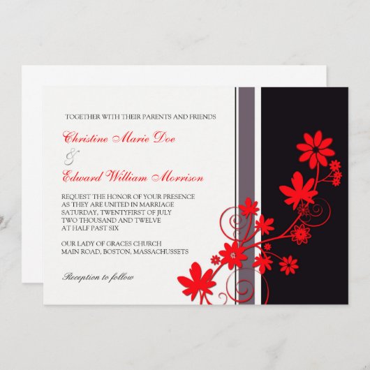 Faire-part de mariage à fleurs rouges (Devant / Derrière)