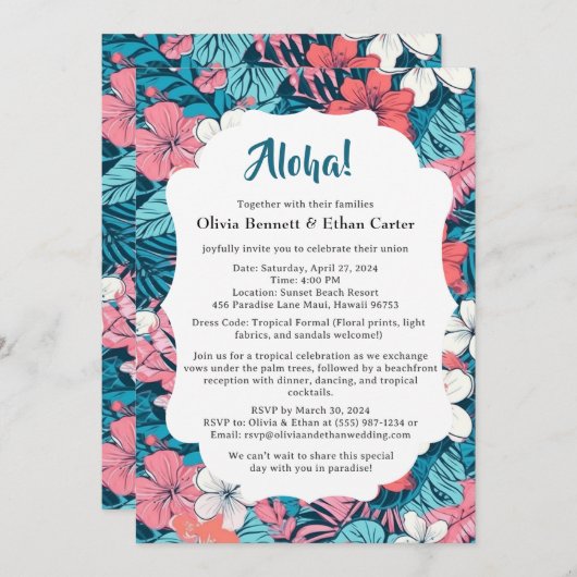 Faire-part de mariage à fleurs tropicales (Devant / Derrière)