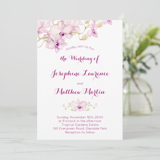 Faire-part de mariage à fleurs tropicales violette (Debout devant)