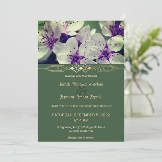 Faire-part de mariage à fleurs violettes (Debout devant)