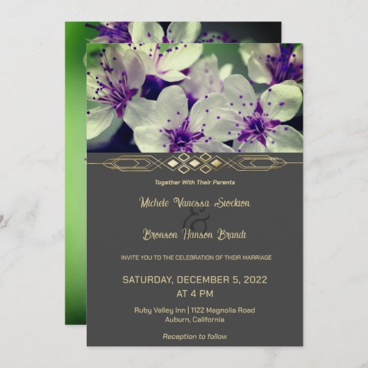 Faire-part de mariage à fleurs violettes (Devant / Derrière)