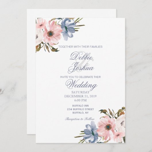 Faire-part de mariage à fleurs violettes rose past (Devant / Derrière)