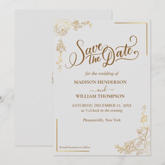 Faire-part de mariage à graver Fleurs dorées (Devant / Derrière)