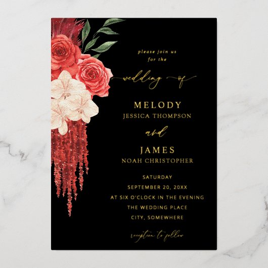 Faire-part de mariage à huile de fleurs rouges - N (Recto)