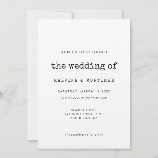 Faire-part de mariage à la machine à écrire minima (Devant)