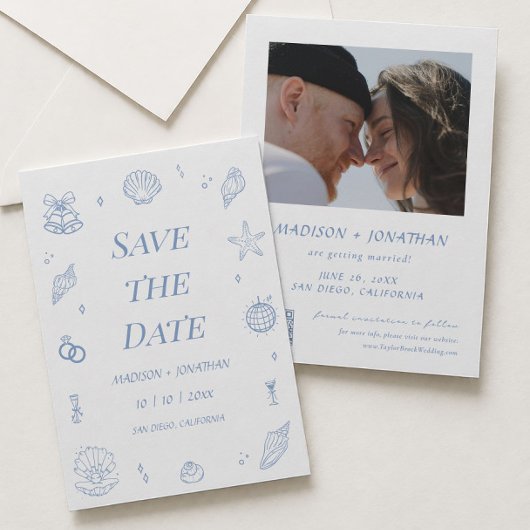Faire-part de mariage à la main bleu côtier