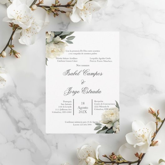 Faire-part de mariage à la végétation florale blan