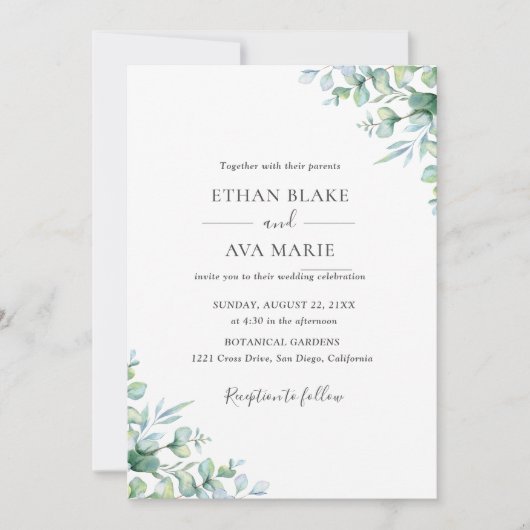 Faire-part de mariage à la verdure d'eucalyptus él (Devant)