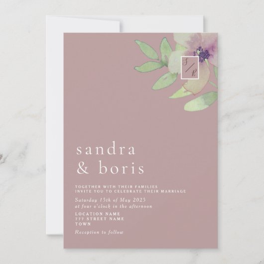 Faire-part de mariage à la verdure rose poudrée (Devant)