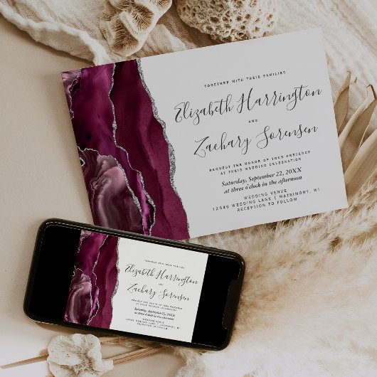 Faire-part de mariage à l'agate argentée moderne B