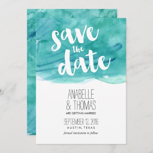 Faire-part de mariage à l'aquarelle Aqua (Devant / Derrière)