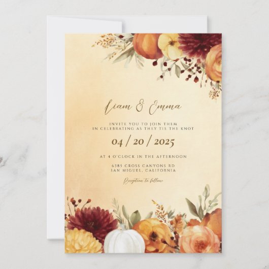 Faire-part de mariage à l'aquarelle automne rustiq (Devant)