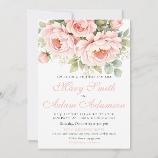 Faire-part de mariage à l'aquarelle aux pivoines r (Devant)