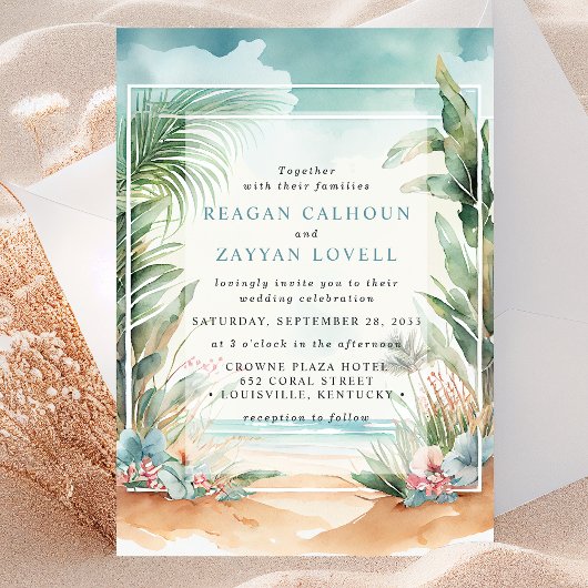 Faire-part de mariage à l'aquarelle avec palmier e