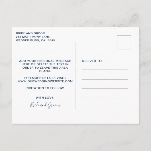 Faire-part de mariage à l'aquarelle bleu marine po (Dos)