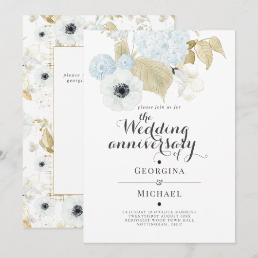 Faire-part de mariage à l'aquarelle bleu or (Devant / Derrière)