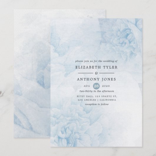 Faire-part de mariage à l'aquarelle bleu poussiére (Devant / Derrière)
