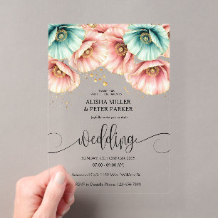 Faire-part de mariage à l'aquarelle Bleu & Rose Po