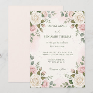 Faire-part de mariage à l'aquarelle Crème Rose Rou