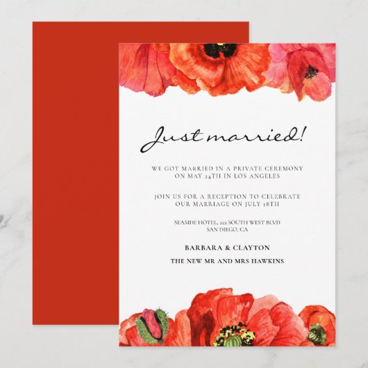 Faire-part de mariage à l'aquarelle de coquelicots (Devant / Derrière)