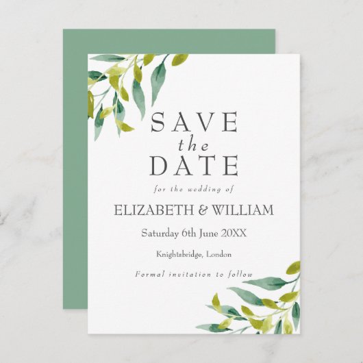 Faire-part de mariage à l'aquarelle de feuilles de (Devant / Derrière)