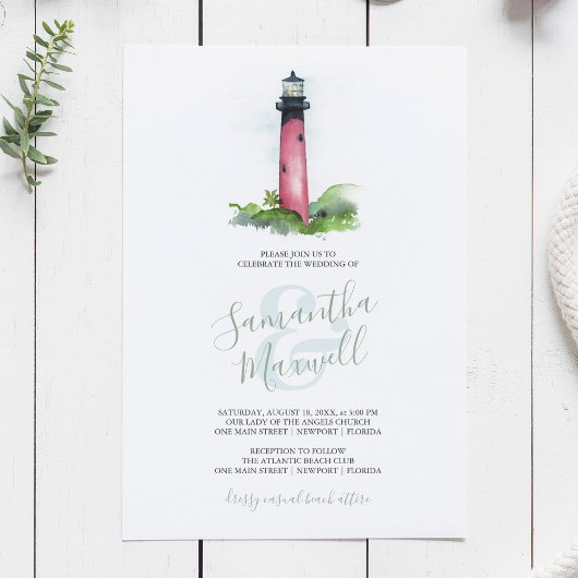 Faire-part de mariage à l'aquarelle d'un phare côt