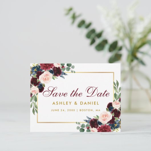 Faire-part de mariage à l'aquarelle en bleu, flora (Debout devant)