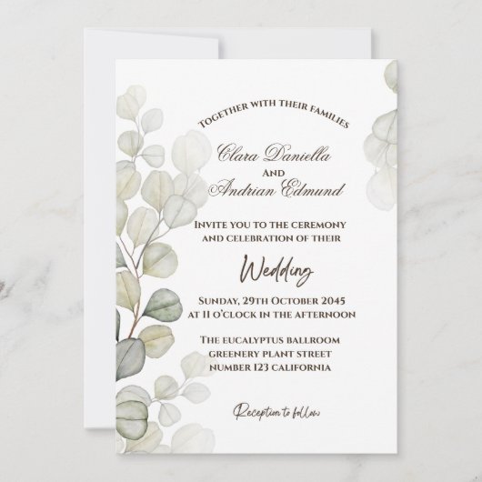 Faire-part de mariage à l'aquarelle Eucalyptus (Devant)