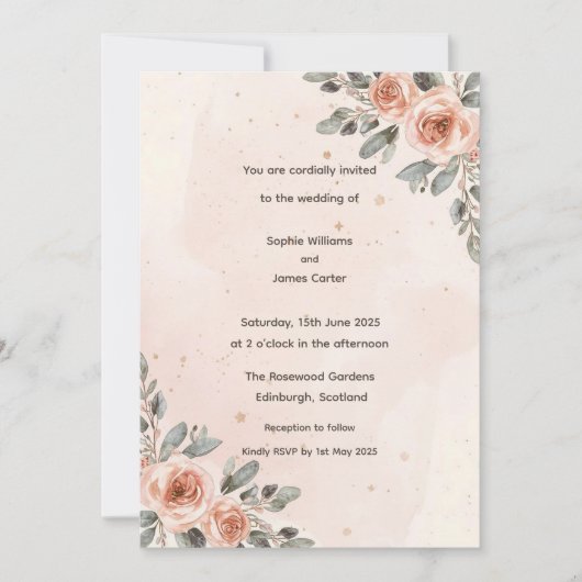 Faire-part de mariage à l'aquarelle Fleur de rose (Devant)