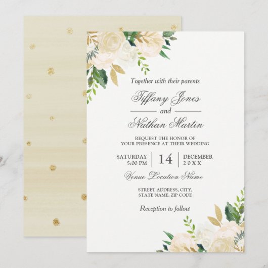Faire-part de mariage à l'aquarelle florale dorée (Devant / Derrière)