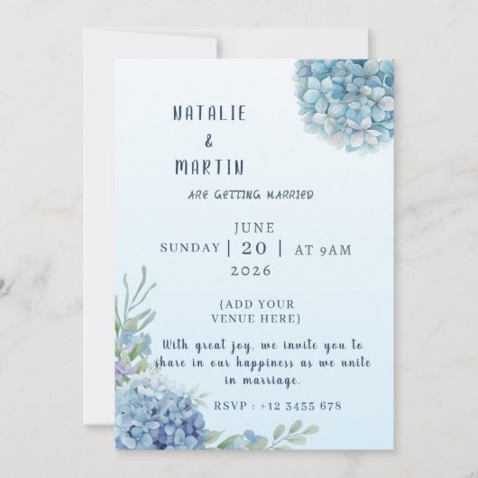 Faire-part de mariage à l'aquarelle Hydrangea Bleu (Devant)