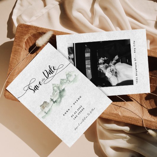 Faire-part de mariage à l'aquarelle Montagnes gris