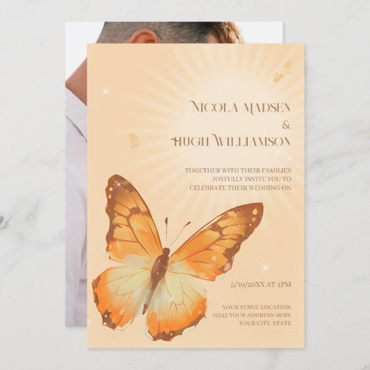 Faire-part de mariage à l'aquarelle Papillon Monar (Devant / Derrière)