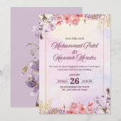 Faire-part de mariage à l'aquarelle rose et violet (Devant / Derrière)