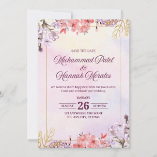 Faire-part de mariage à l'aquarelle rose et violet