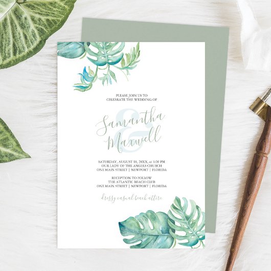 Faire-part de mariage à l'aquarelle tropicale verd