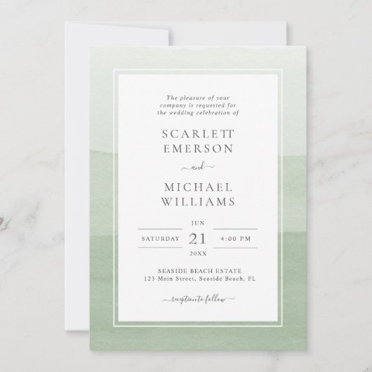 Faire-part de mariage à l'aquarelle Vert Sauge Mod (Devant)