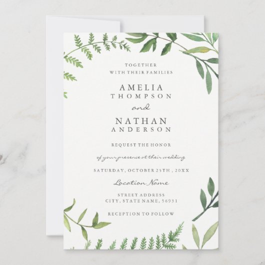Faire-part de mariage à l'aquarelle verte feuille (Devant)