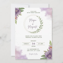 Faire-part de mariage à l'aquarelle violet et vert