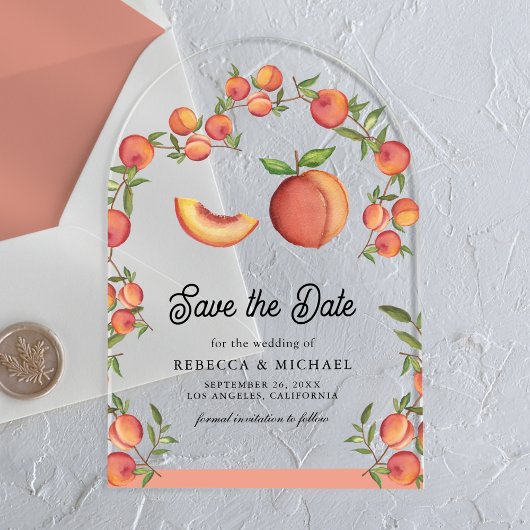 Faire-part de mariage à l'arche de fruits de pêche