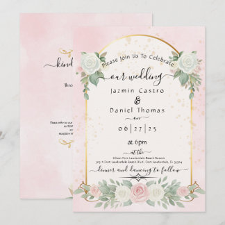 Faire-part de mariage à l'arche dorée florale aqua