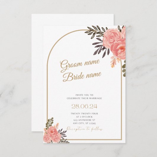 Faire-part de mariage à l'arche florale boho or (Devant / Derrière)