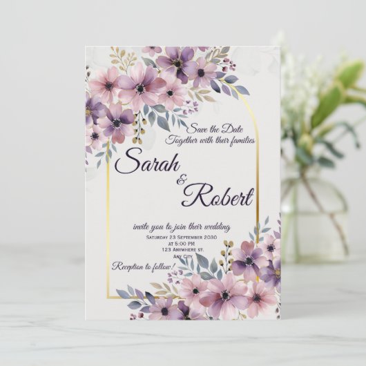 Faire-part de mariage à l'arche florale dorée avec (Debout devant)