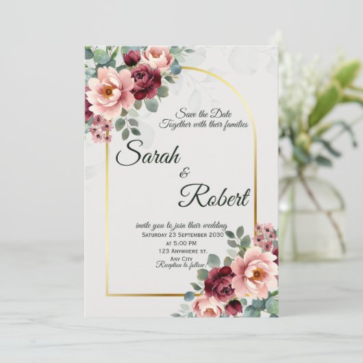 Faire-part de mariage à l'arche florale dorée avec (Debout devant)